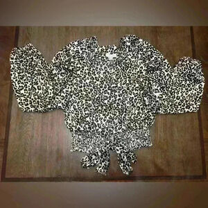 TOPSHOP Leopard Print Satin Long Sleeve V Neck Elastic Tie Waist Blouse Sz 6 US